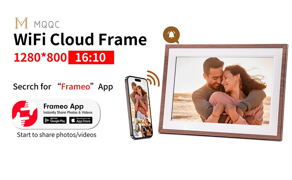 Frameo 10.1 Inch Digital Picture Frame，WiFi Electronic Frame，1280 * 800IPS HD Cloud Smart Digital Photo Frame,32GB Storage, Wall